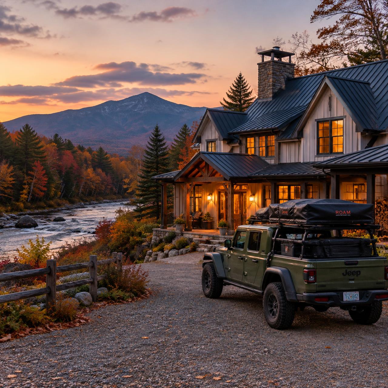 Gale River House at dusk with the overland Jeep in the driveway