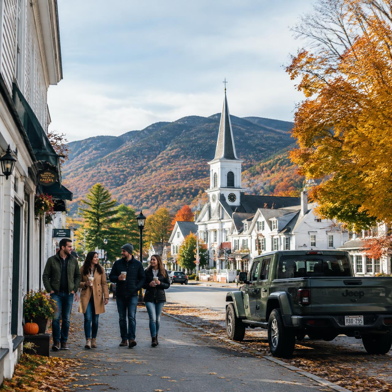 Friends walking a New England mountain village street
